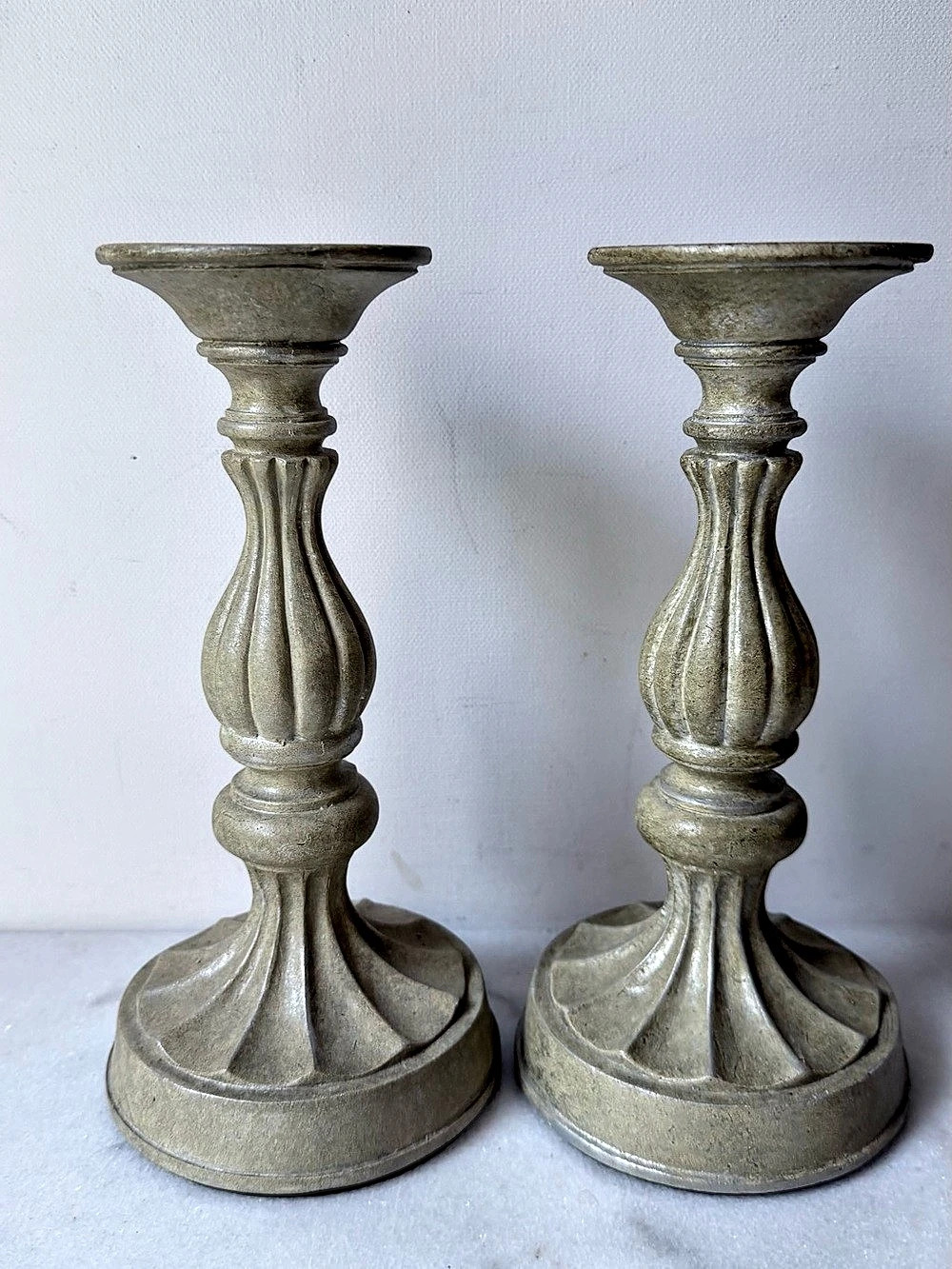 Vintage Style Distressed Sage Grey Resin Candlestick Holders - Set of 2